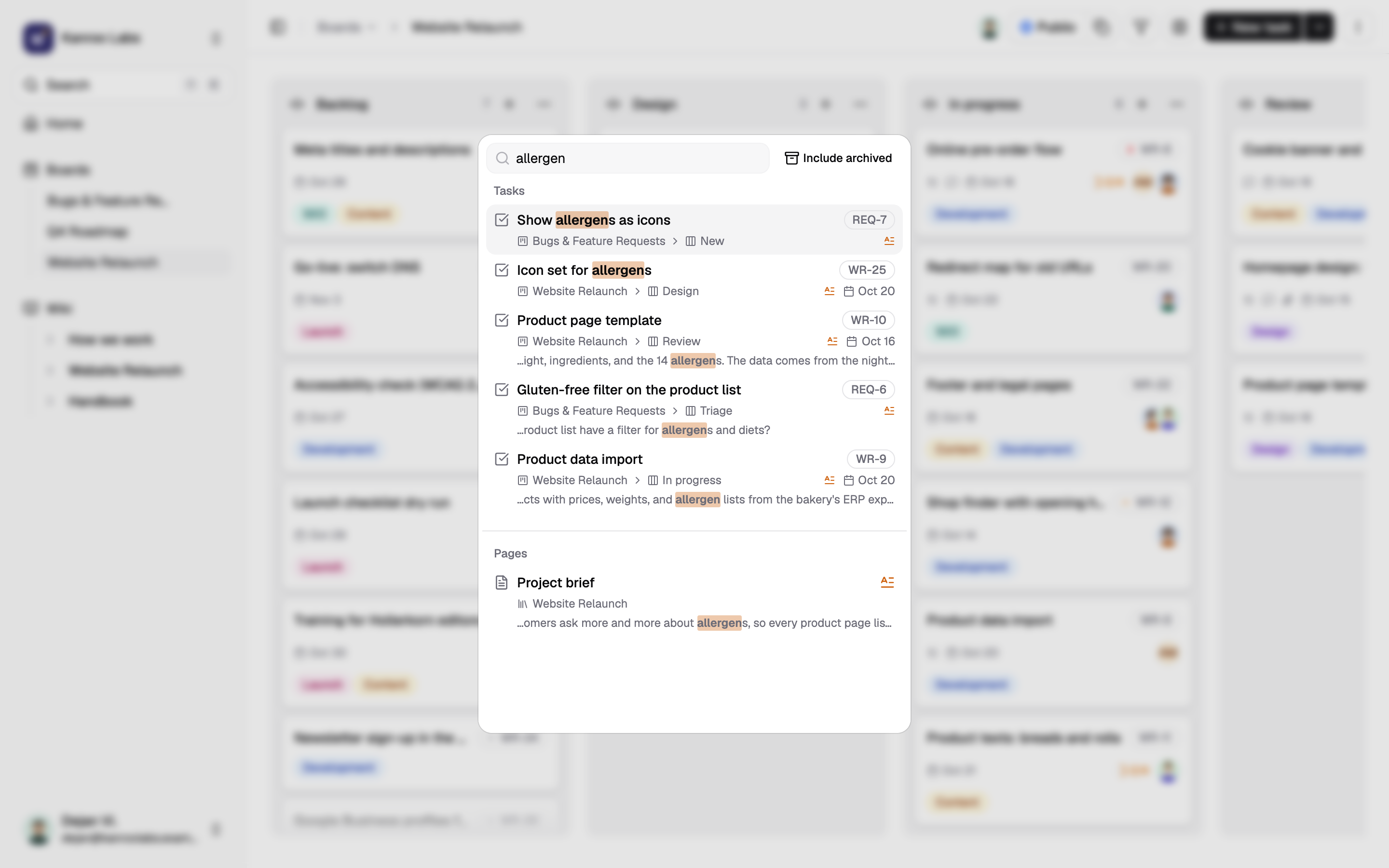 The search dialog with the query “allergen”: five matching tasks from two boards and one wiki page, with the match highlighted in titles and text snippets.