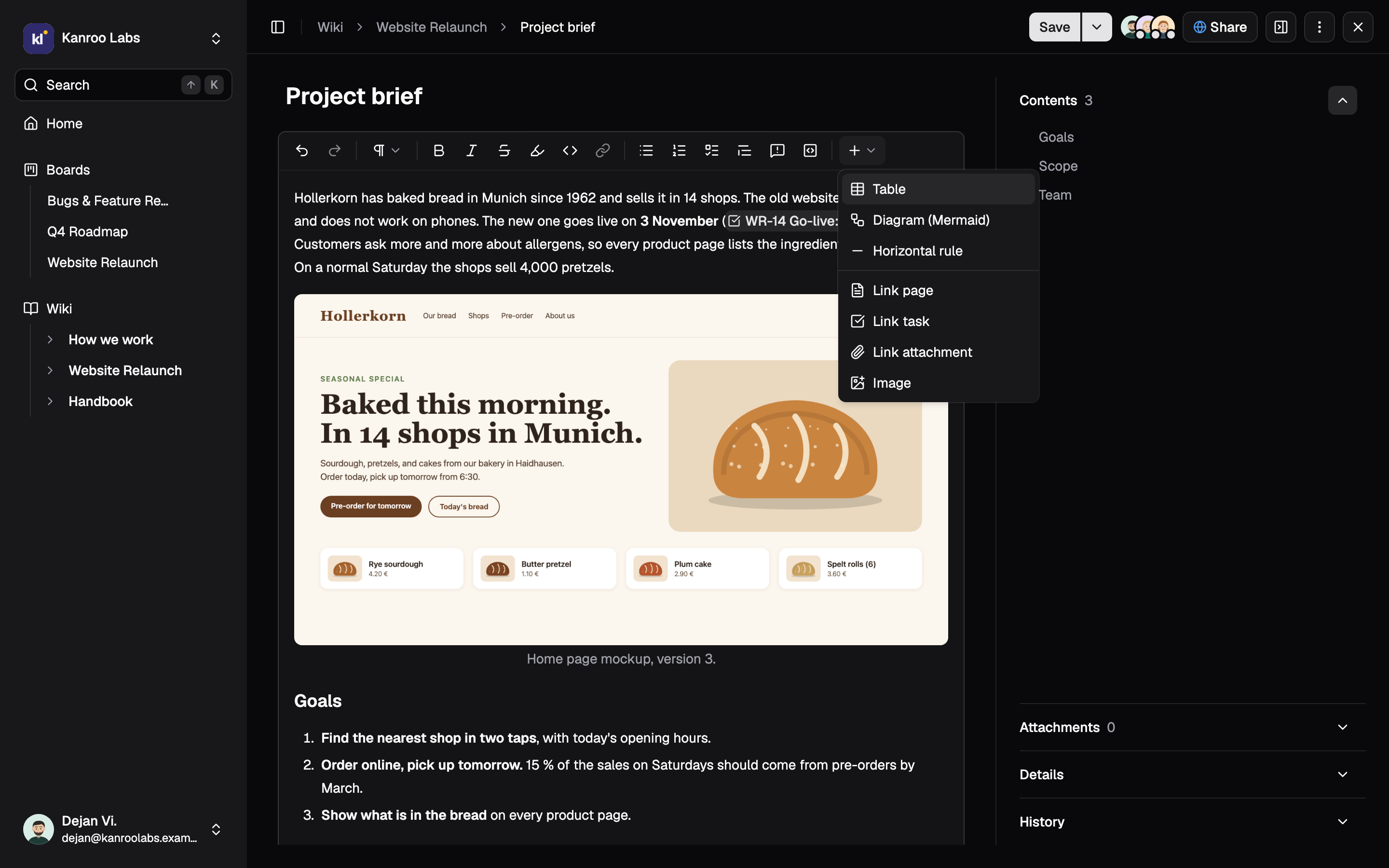 Kanroo wiki editor on the page “Project brief”, with a mockup image and the insert menu for tables, Mermaid diagrams, links and images