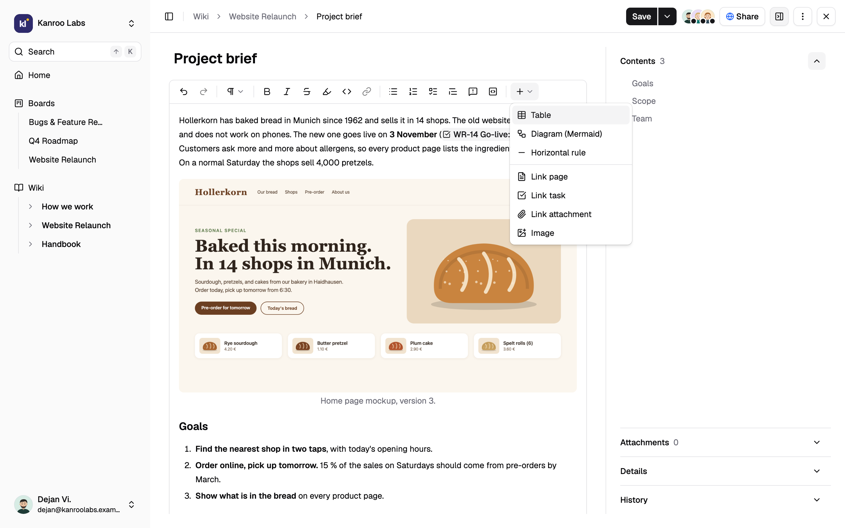 Kanroo wiki editor on the page “Project brief”, with a mockup image and the insert menu for tables, Mermaid diagrams, links and images